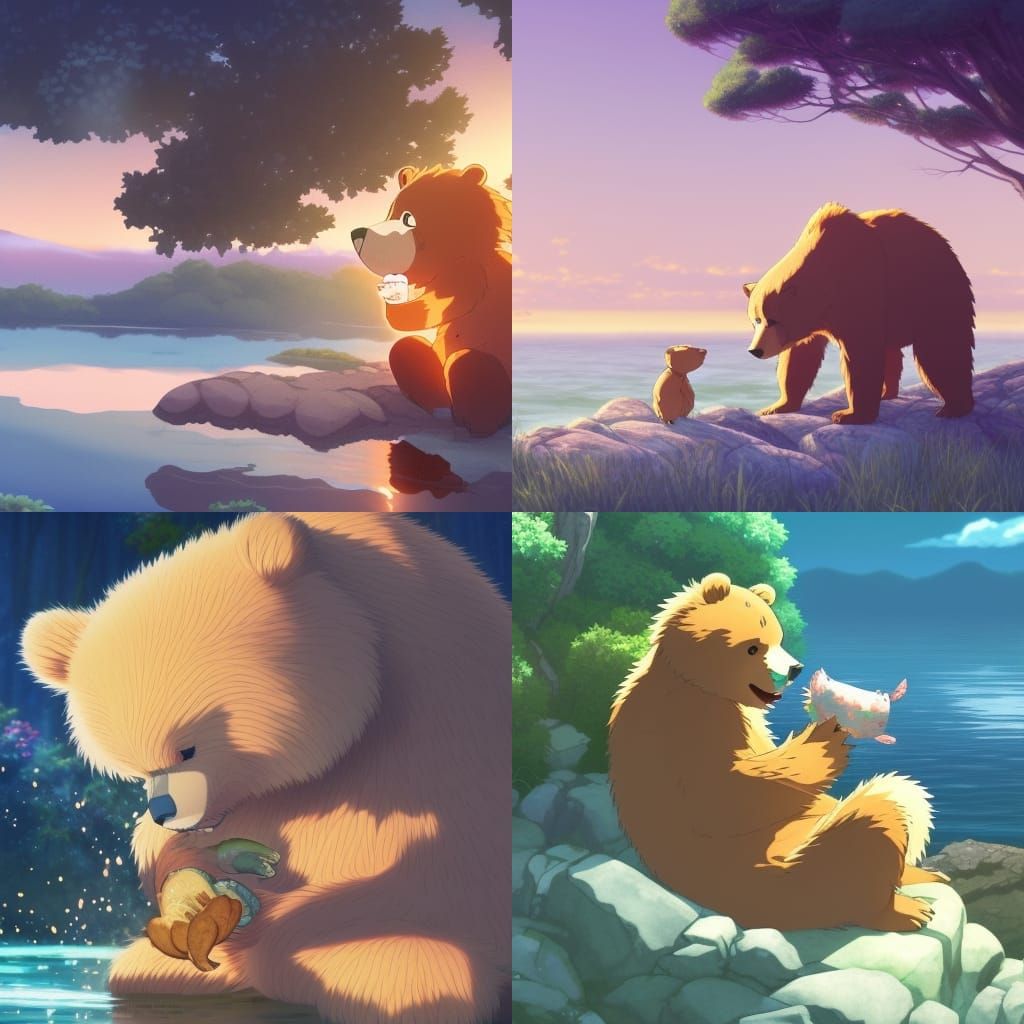 Cute Bear Eating Fish in Anime Style