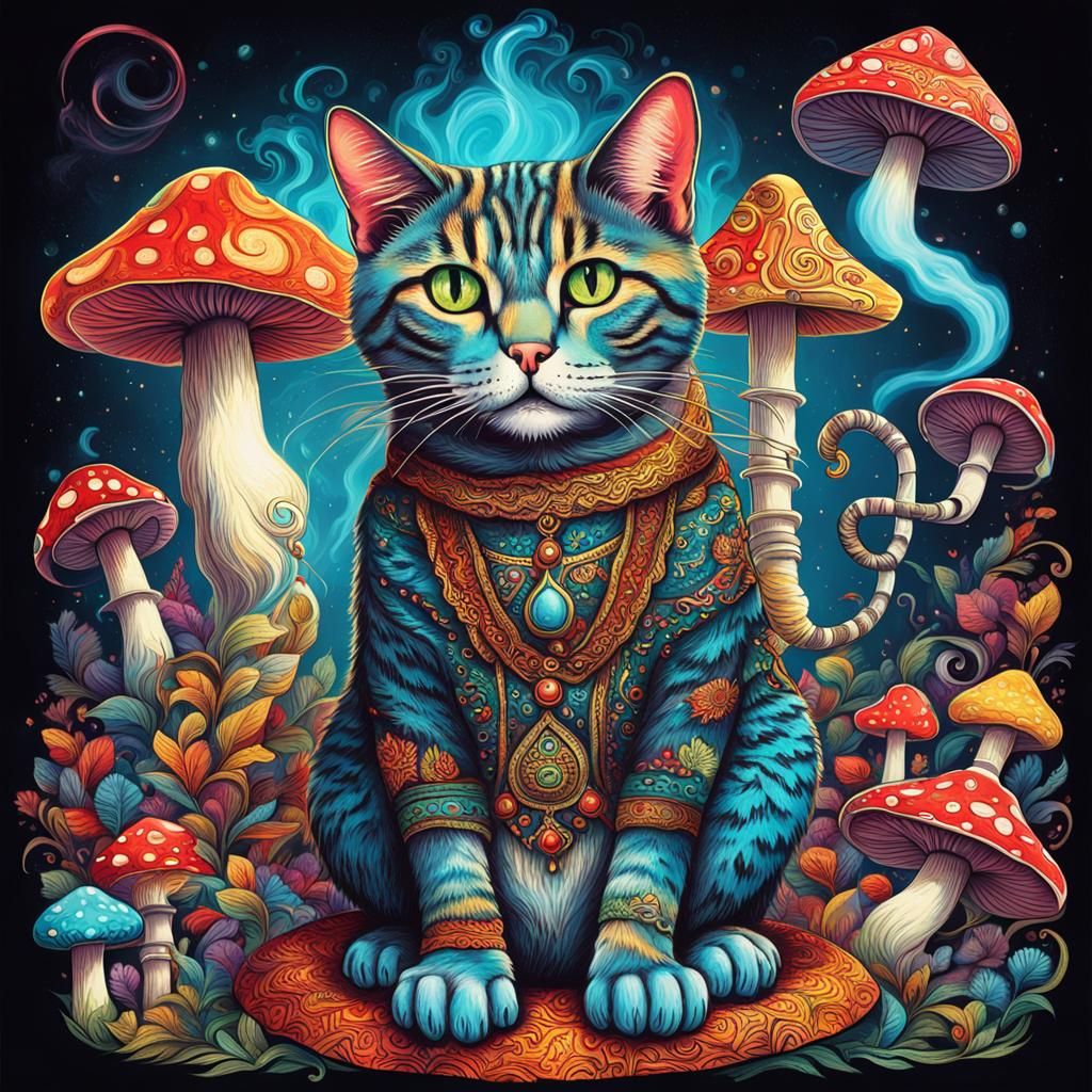 Fantastical Mushroom Cat Smoking Hookah