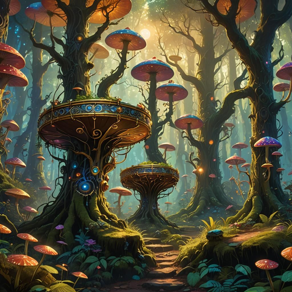 Psychedelic Drummer in Mystical Forest Concept Art
