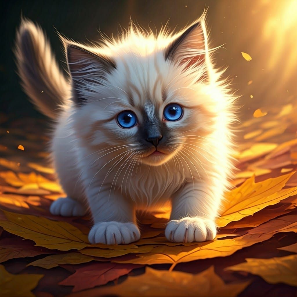 Birman Kitten Frolics in Autumn Leaves: 3D Anime Art