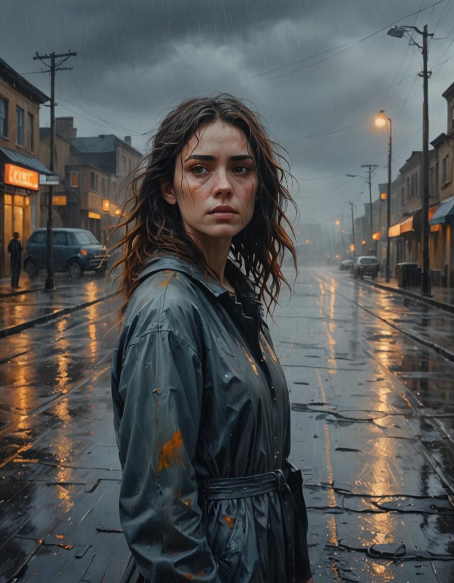 Rainy Desolation: A Moody Surrealist Oil Painting