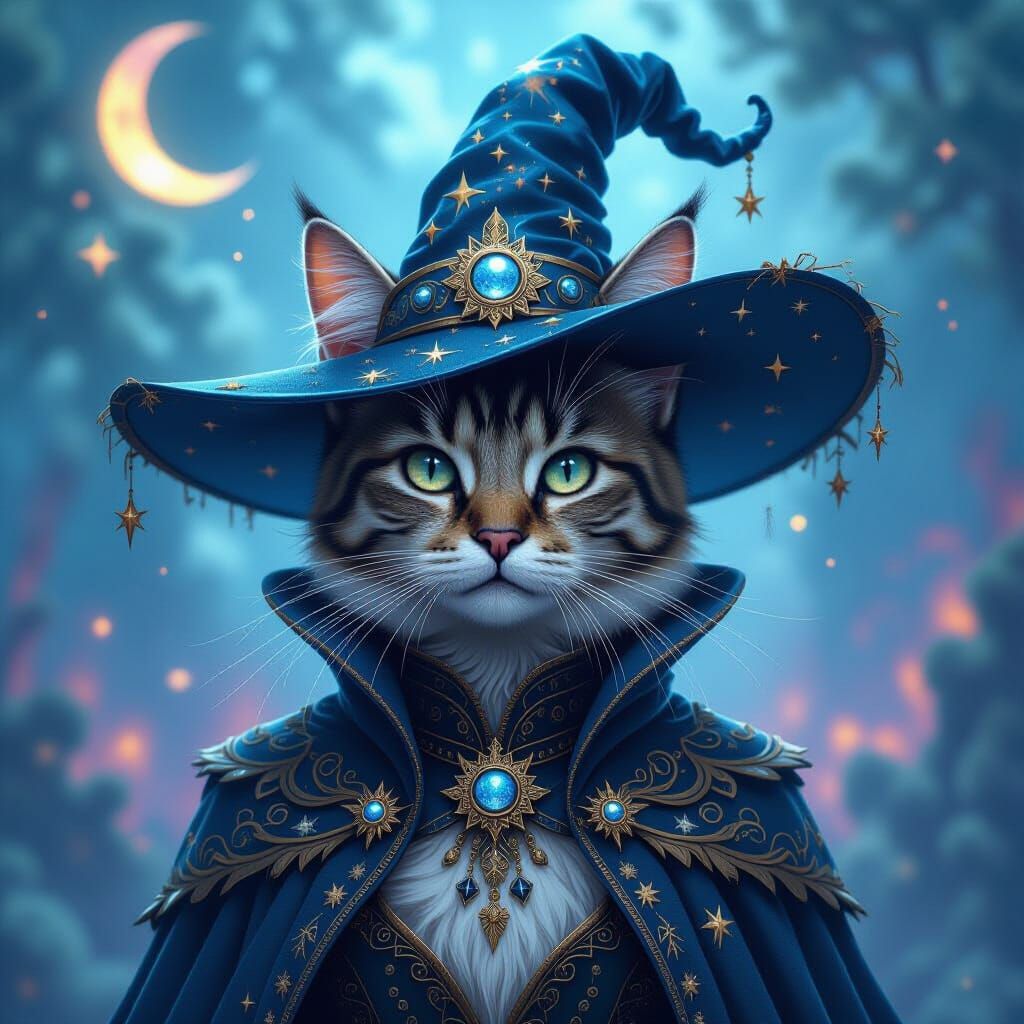 Mystical Cat in Witch Hat, Surreal 3D Render