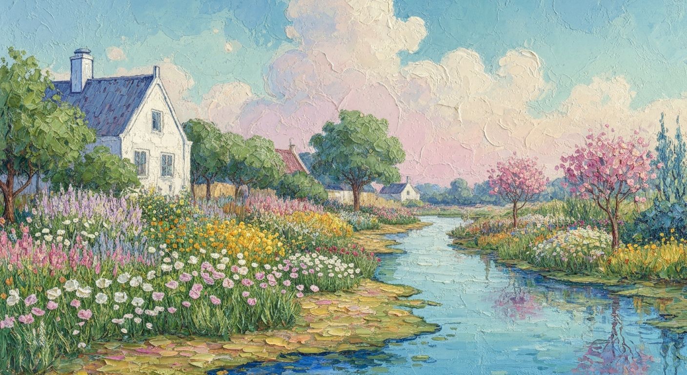 Surreal Dutch Garden Landscape in Impasto Oil Style