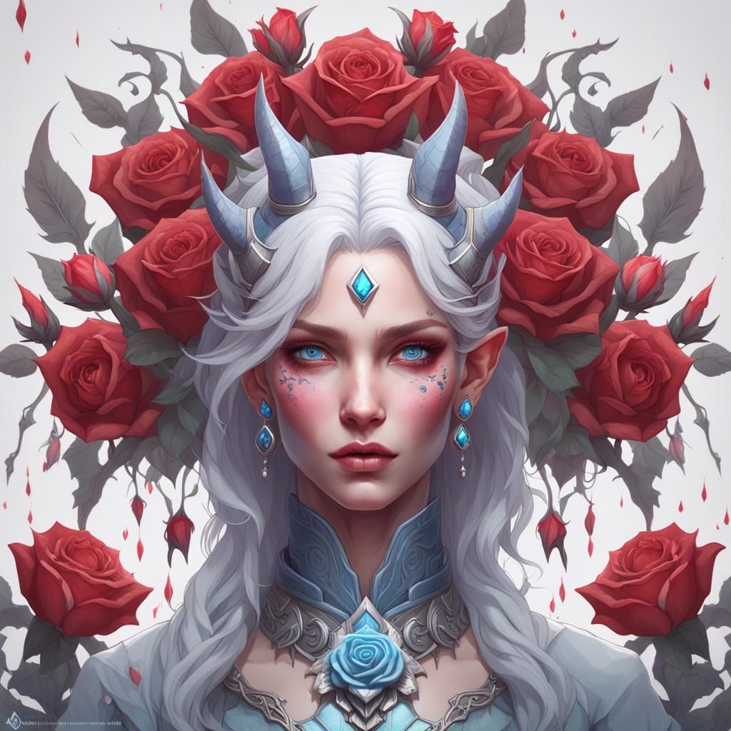 Rose-Accented White-Haired Demon Portrait