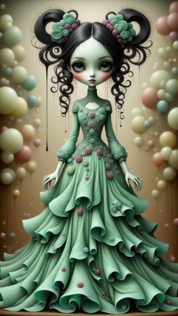 Whimsical Doll Figure with Dripping Paint Effects