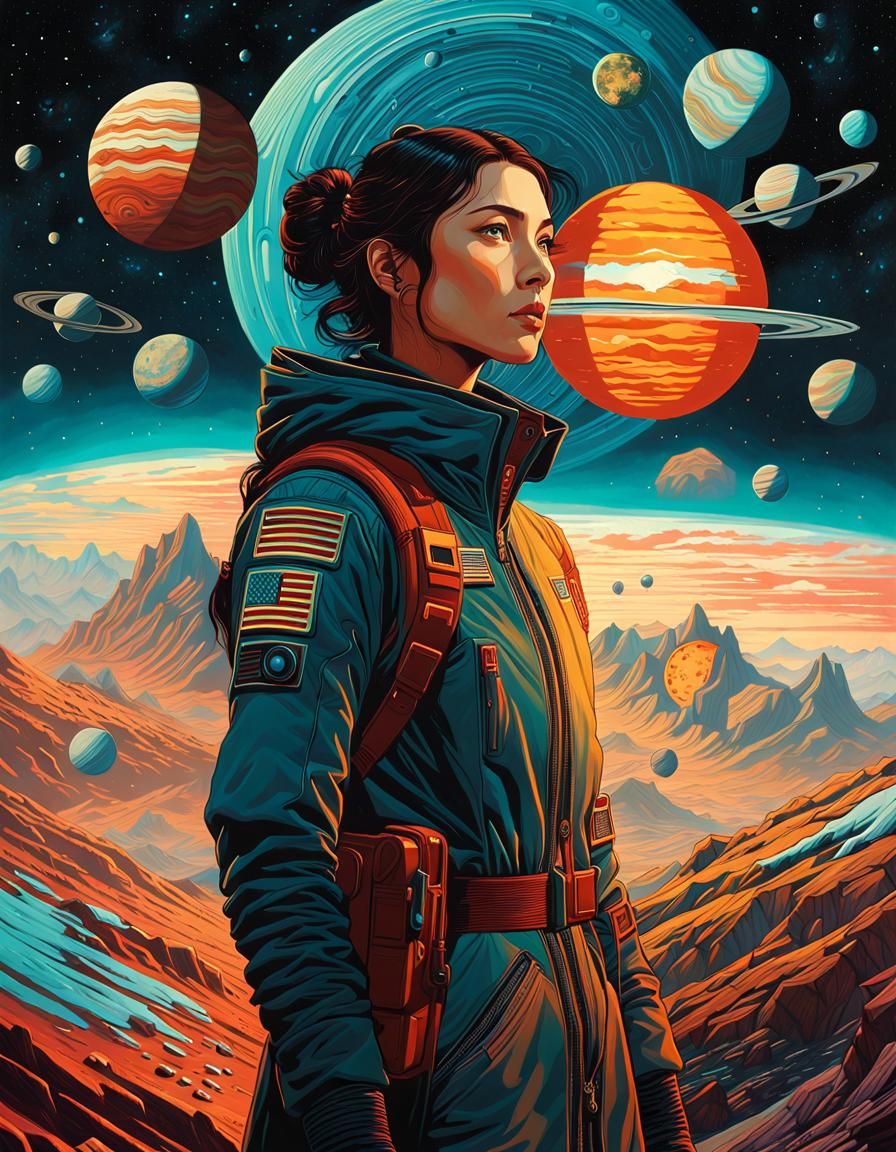 Beautiful Girl in Front of Planets: Digital Portrait