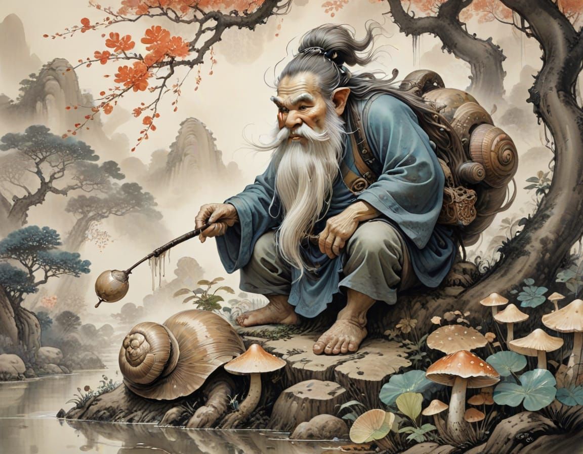 Troll on Snail: Chinese Ink Fantasy Illustration