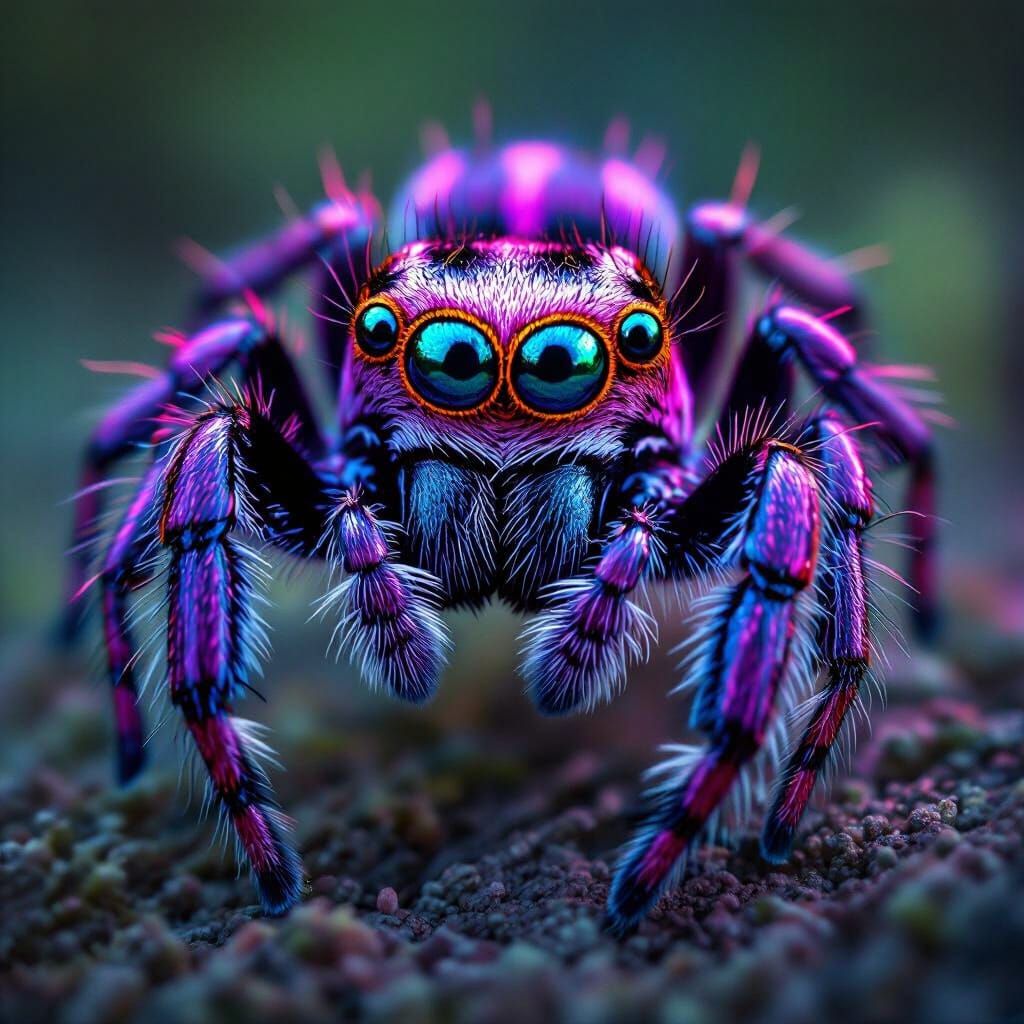 Vibrant Purple Jumping Spider in Mid-Leap
