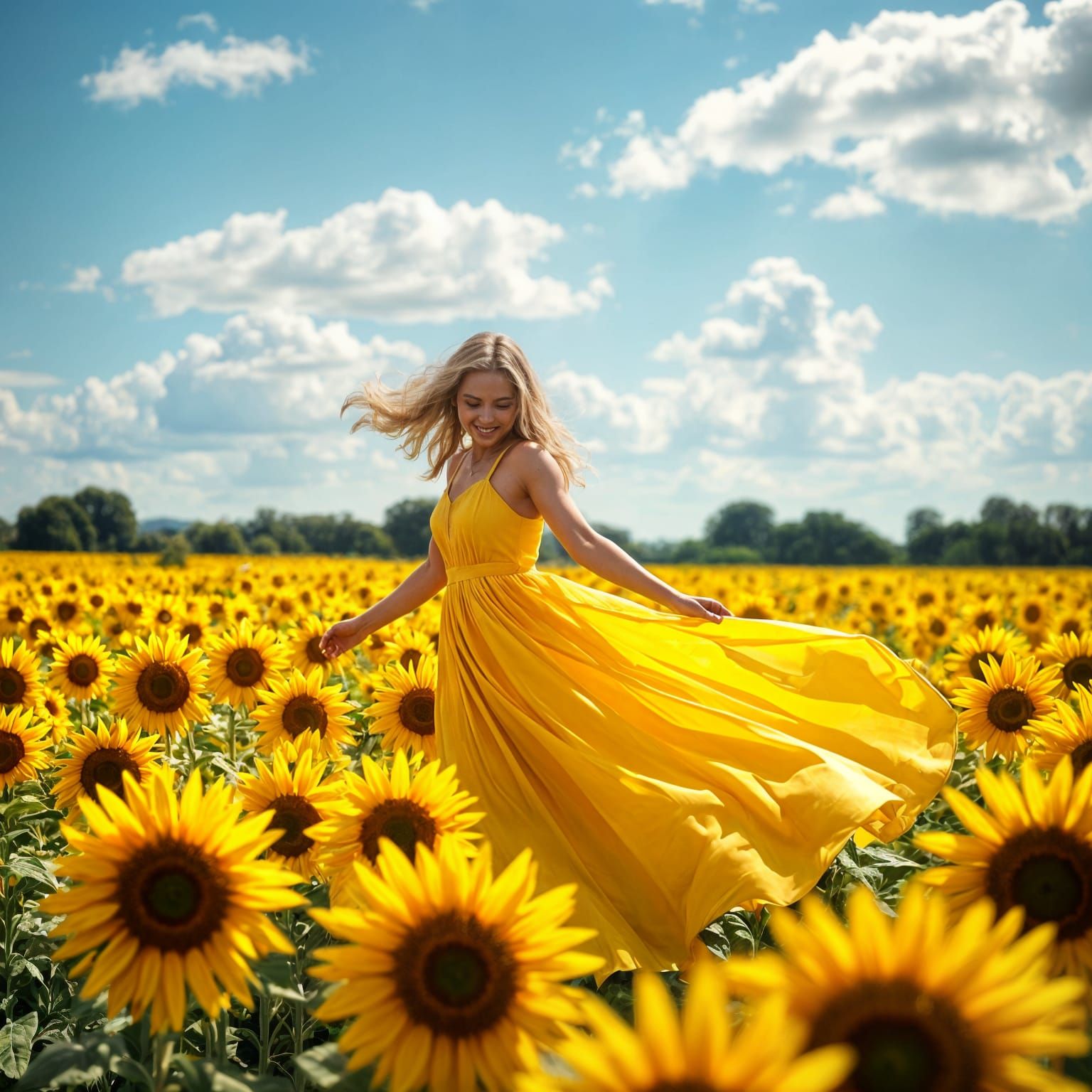 Woman Dancing in a Sunny Sunflower Field