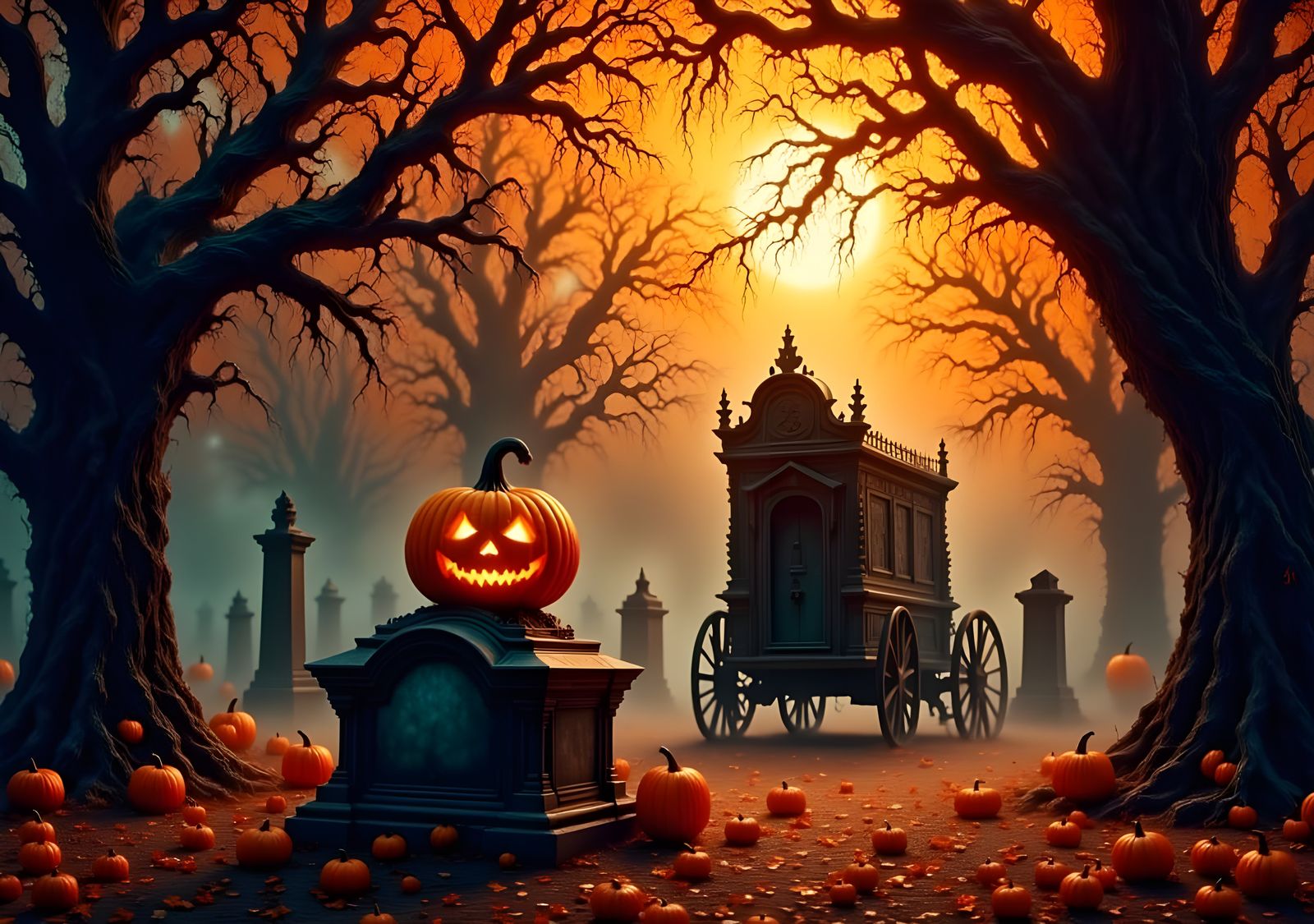 Victorian Cemetery Sunset with Autumn Ghosts