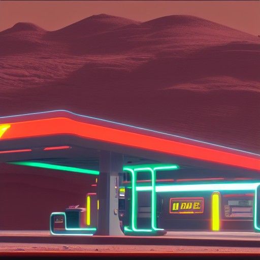 Cyberpunk Gas Station on Mars in Neon Style