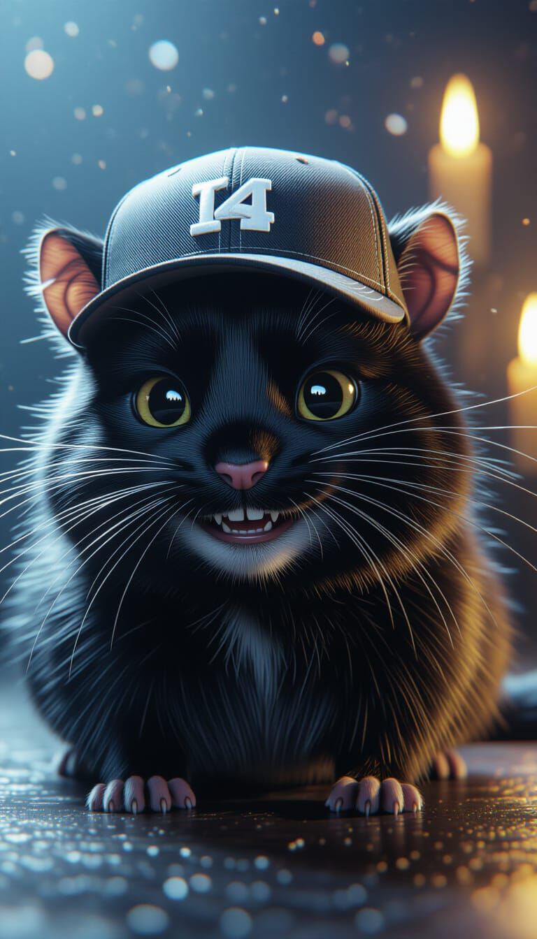 Hybrid Black Cat-Hamster Creature in Baseball Cap
