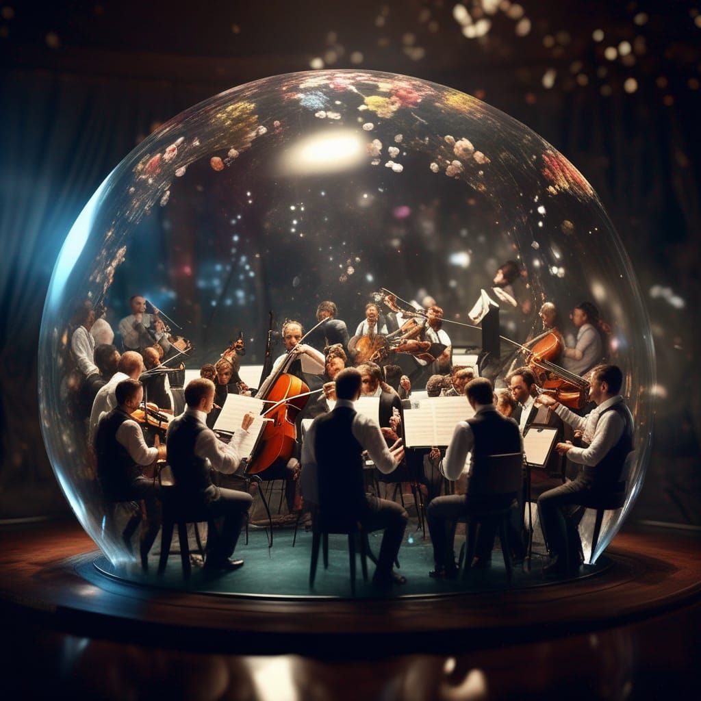 Orchestra Performing Inside Glass Sphere, Photorealistic CGI