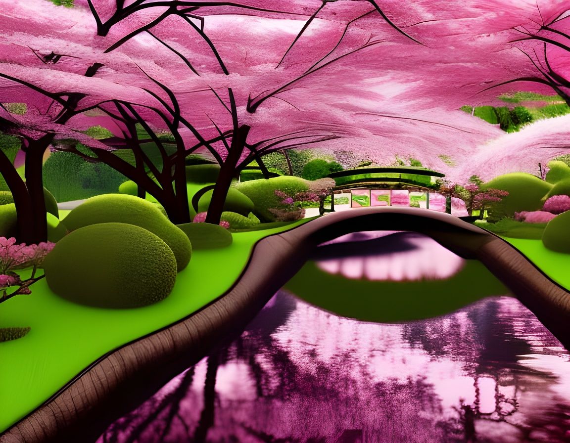 Serene Japanese Garden with Cherry Blossoms