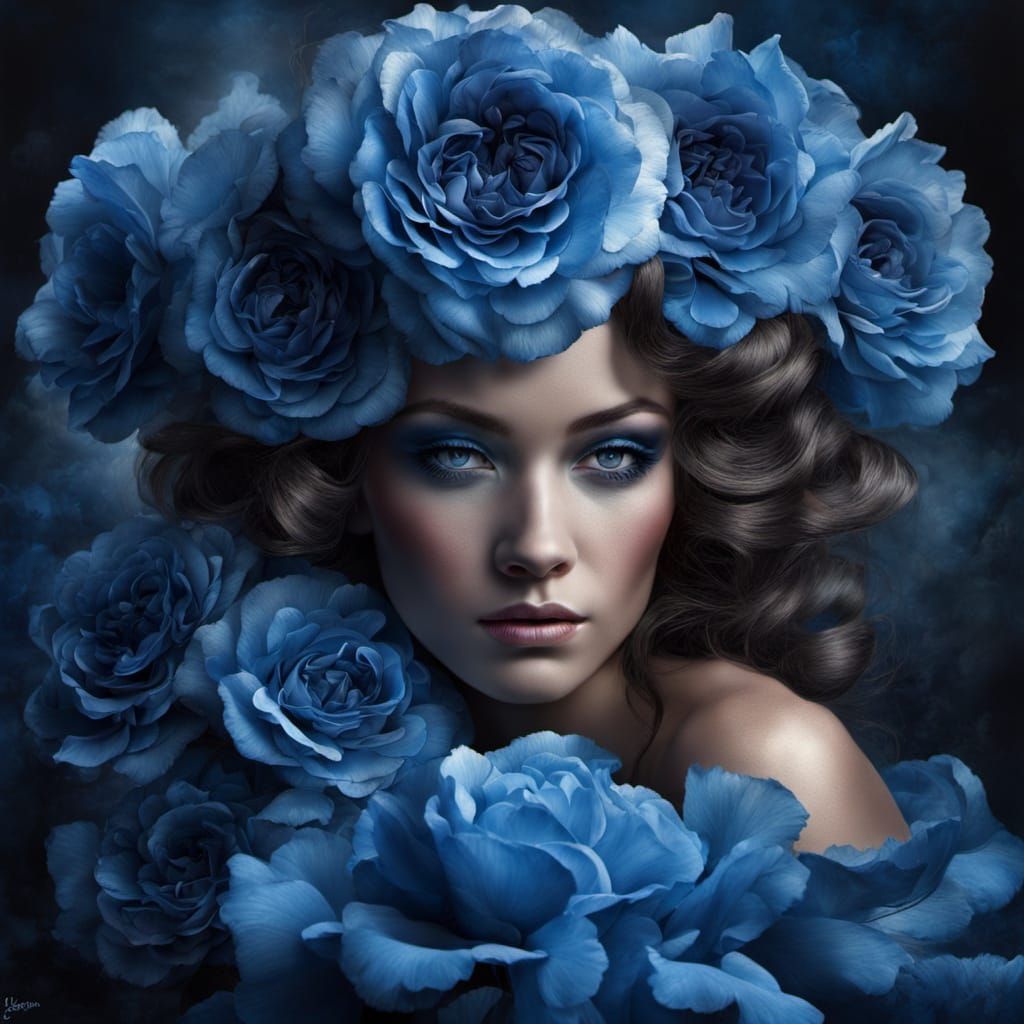 Beautiful Woman with Blue Roses in Lee Bogle Style