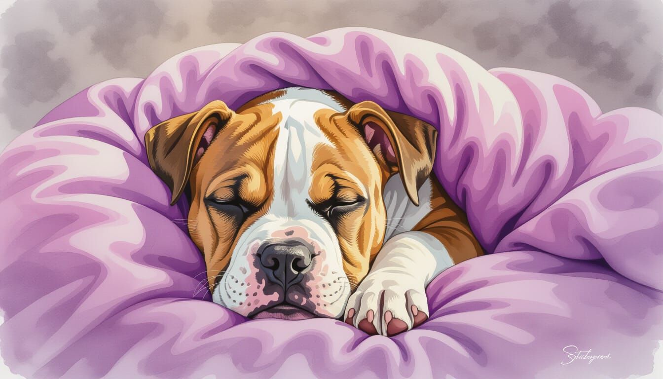 Dreamy Watercolor Fairy Illustration: Dog Sleeping in Purple