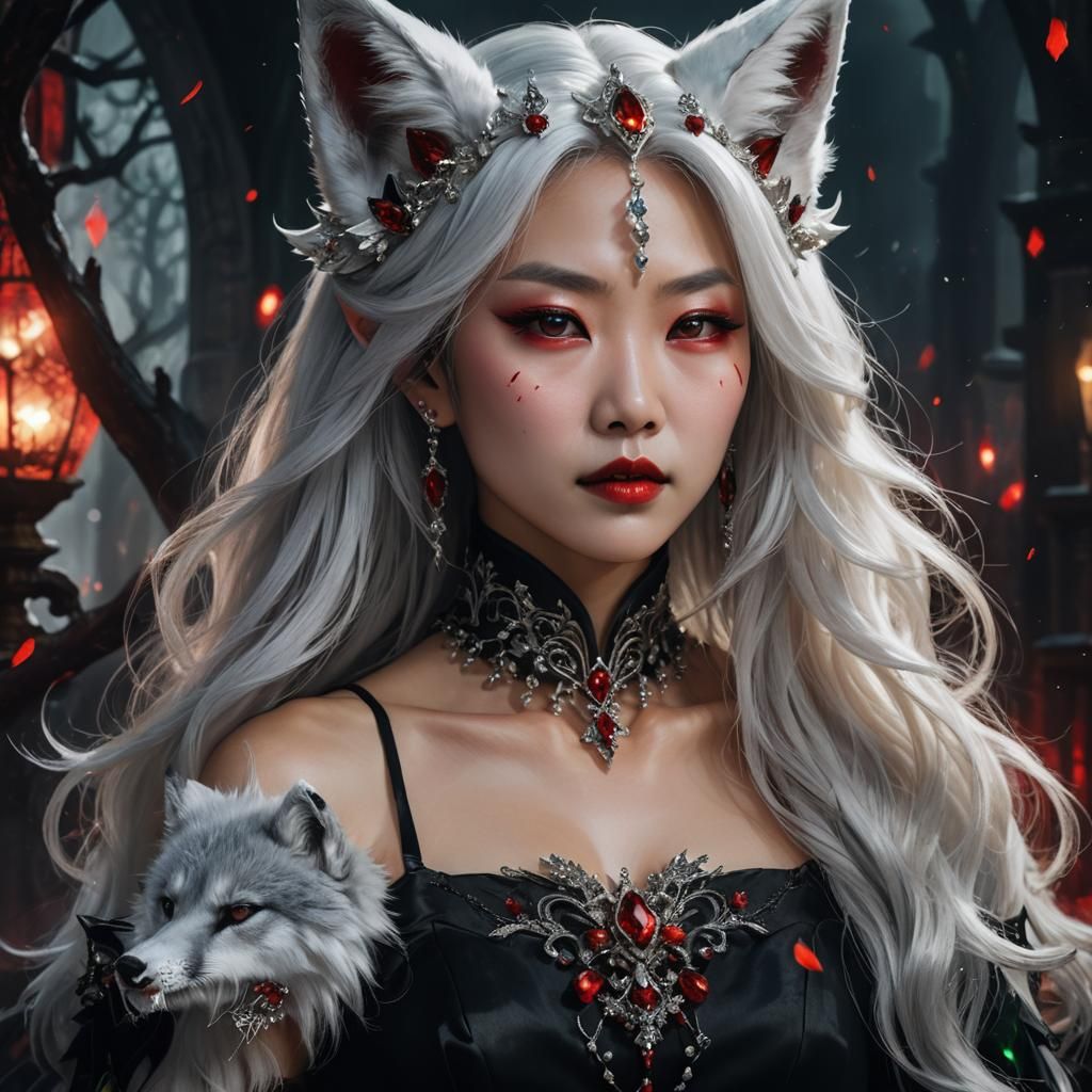 Korean Vampire Queen with Fox Ears in Dark Fantasy