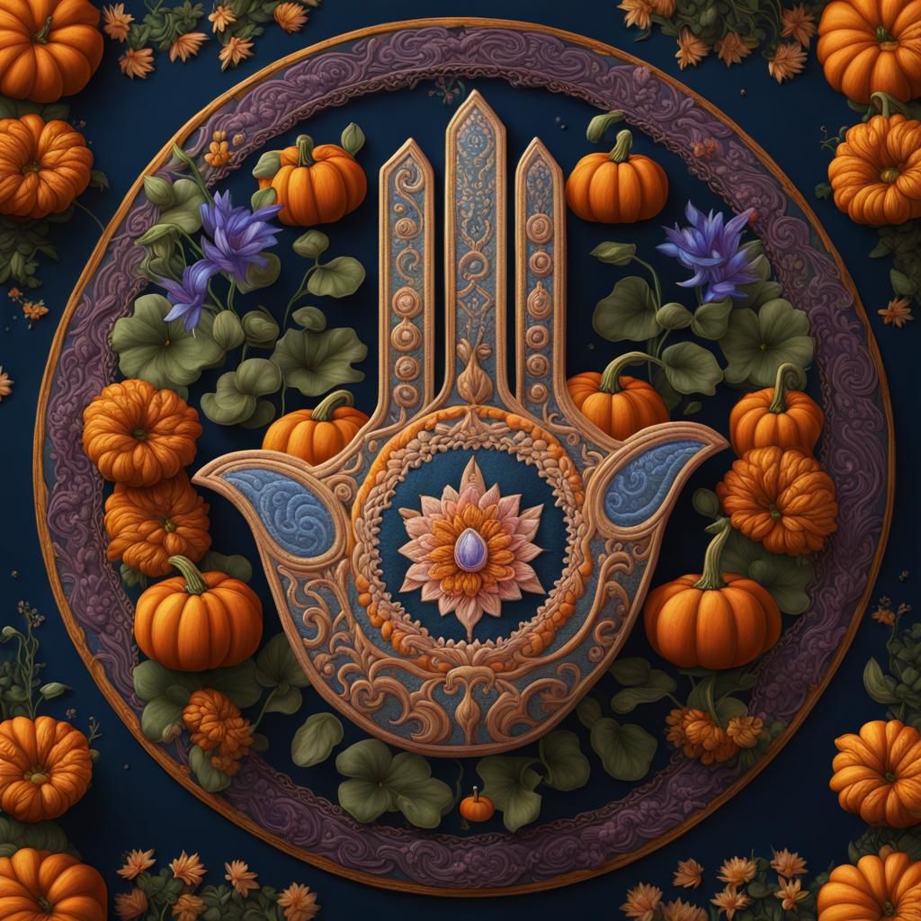 Hamsa Embroidery with Flowers: Fantasy Concept Art