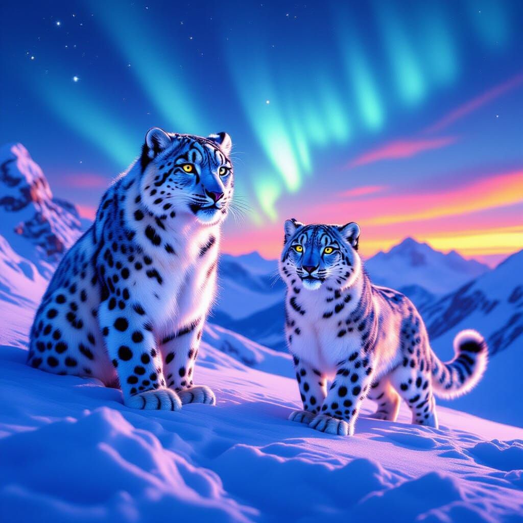 Snow Leopards on Icy Plateau in Digital Art Style