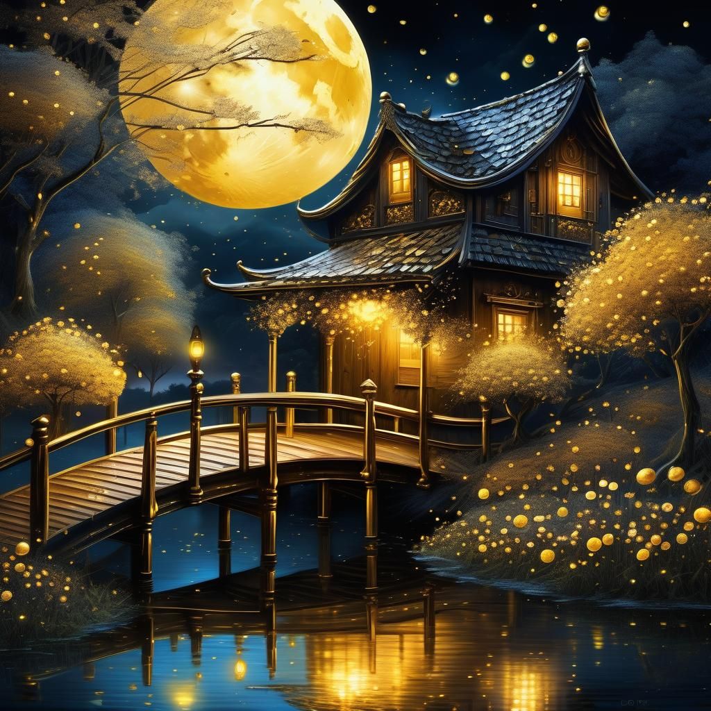 Golden Moonlit Night with Sakura Blossoms