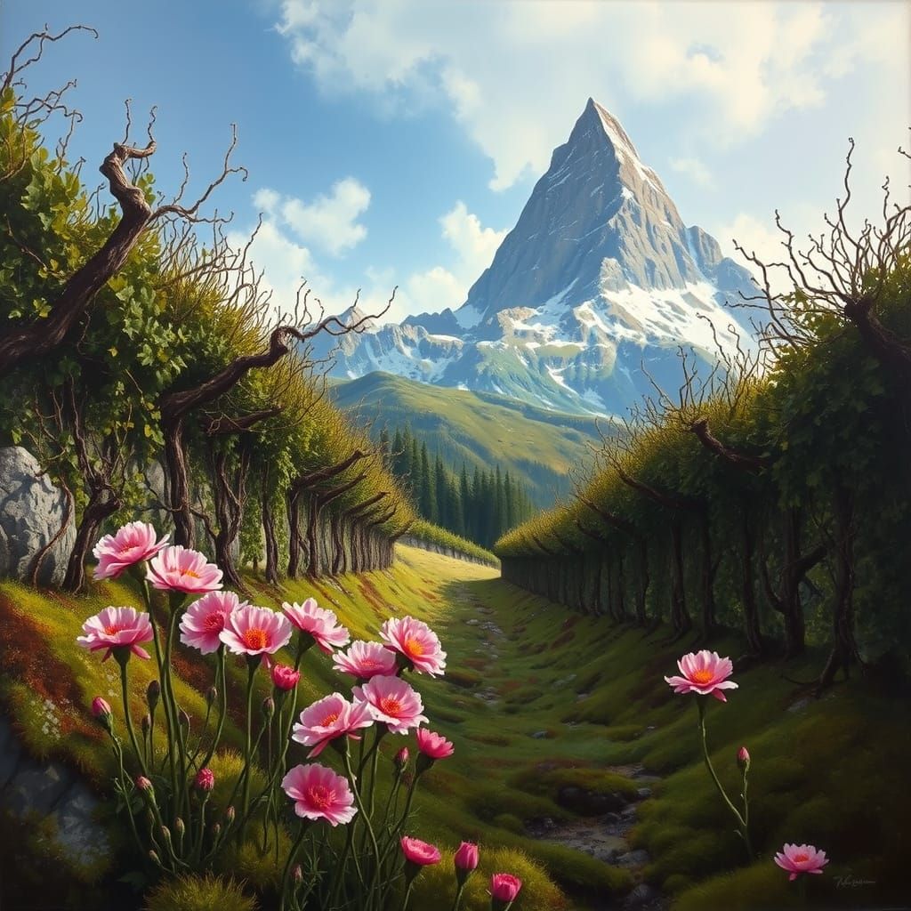 Majestic Mountain Peak with Lush Vines and Carnations