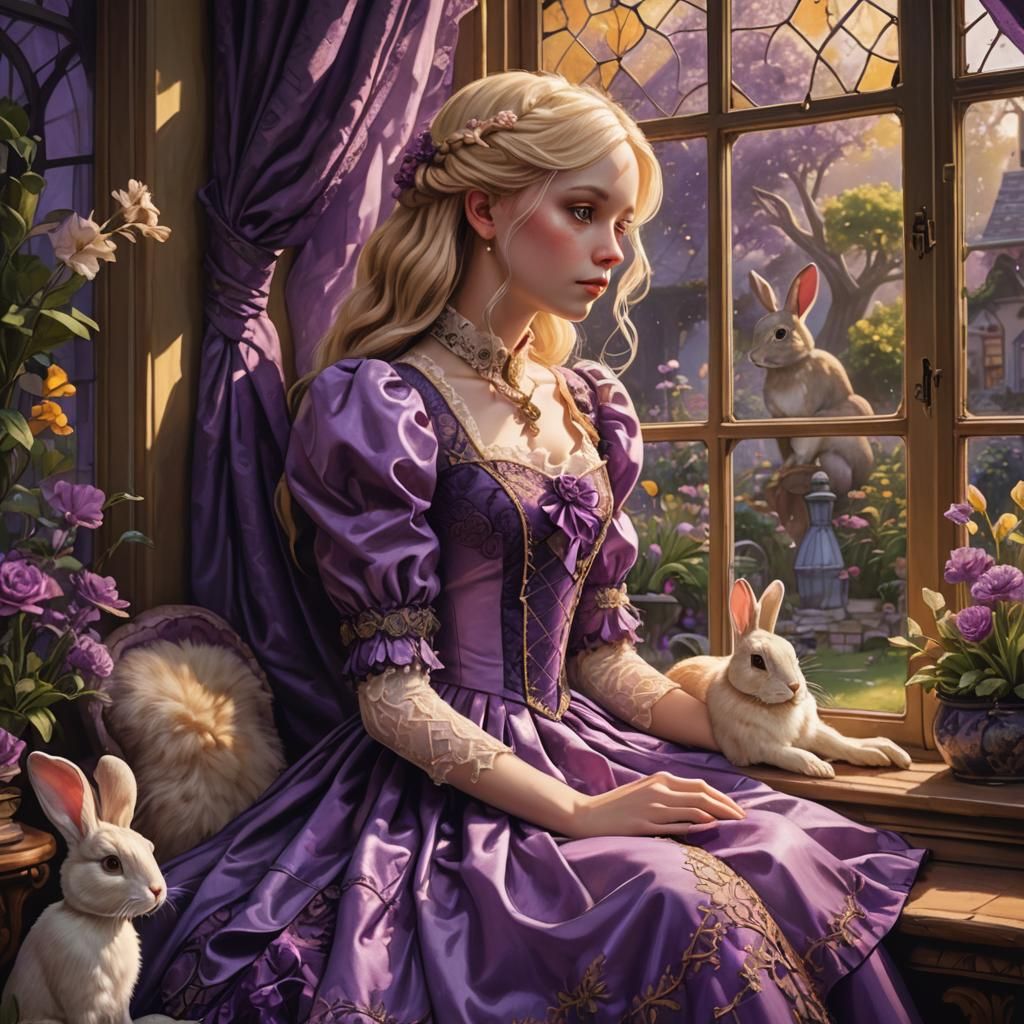 A young beautiful girl in her purple bedroom.