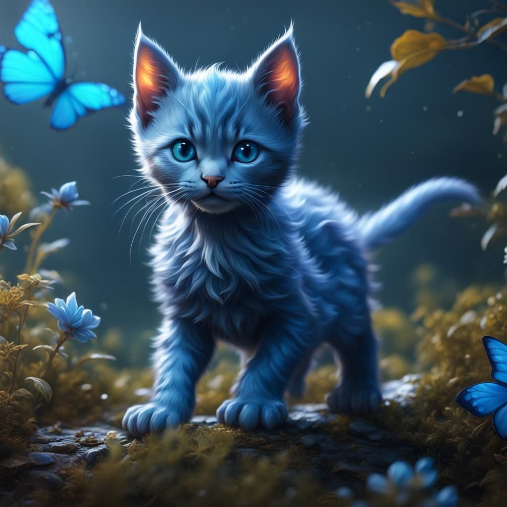 Blue Kitten Matte Painting in Fantastical Style