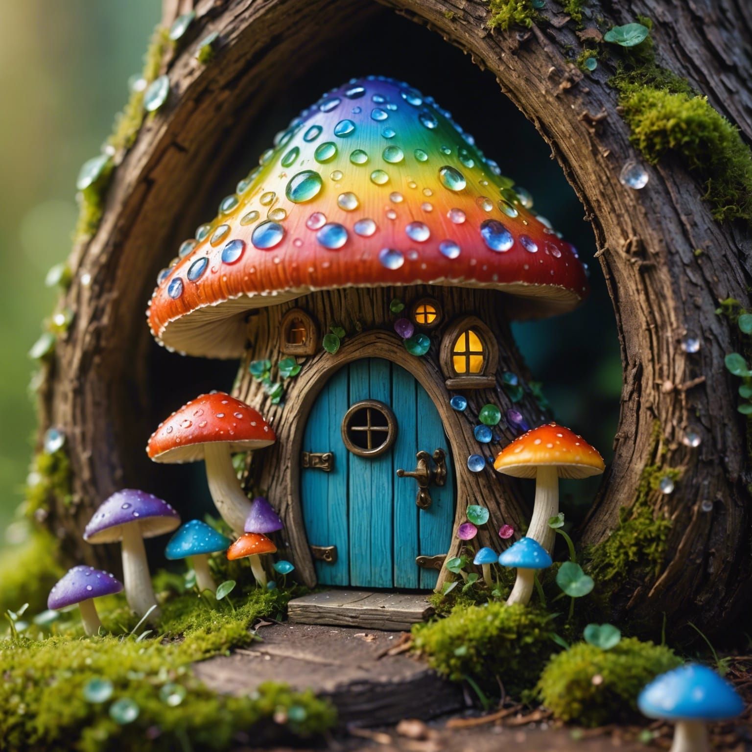 Fairy on Rainbow Mushroom House, Macro Photograph