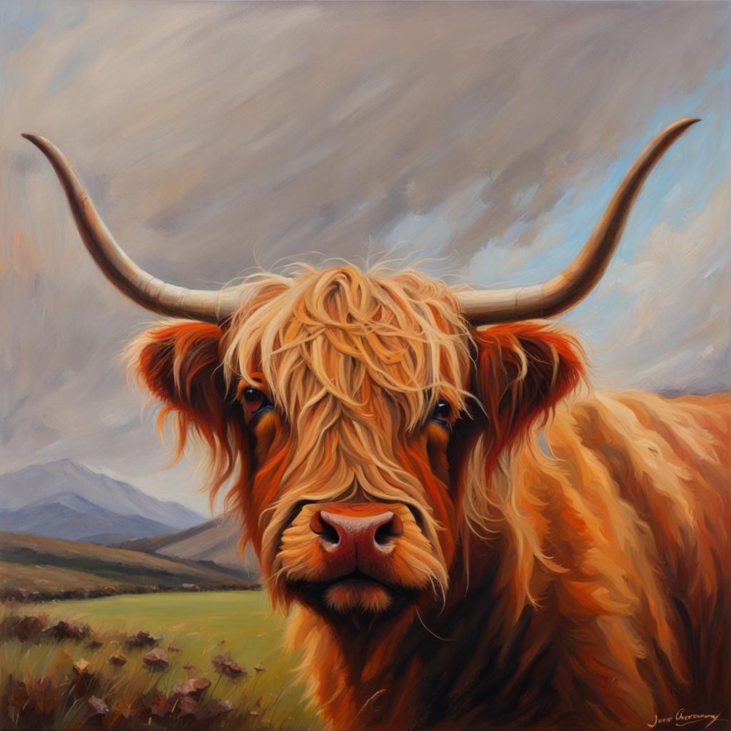 Highland Cow Oil Painting in Gurney Style