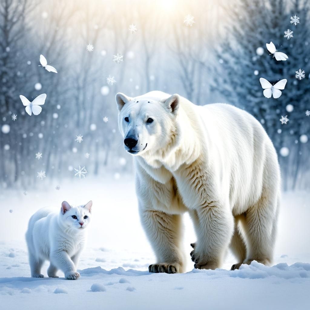White Cat and Polar Bear in Winter Snow