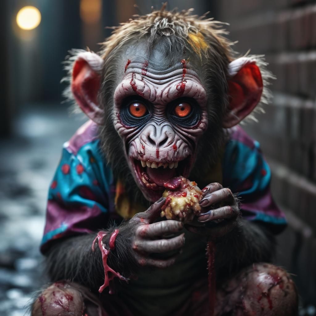 Eerie Zombie Monkey Clown: Macabre Horror Portrait