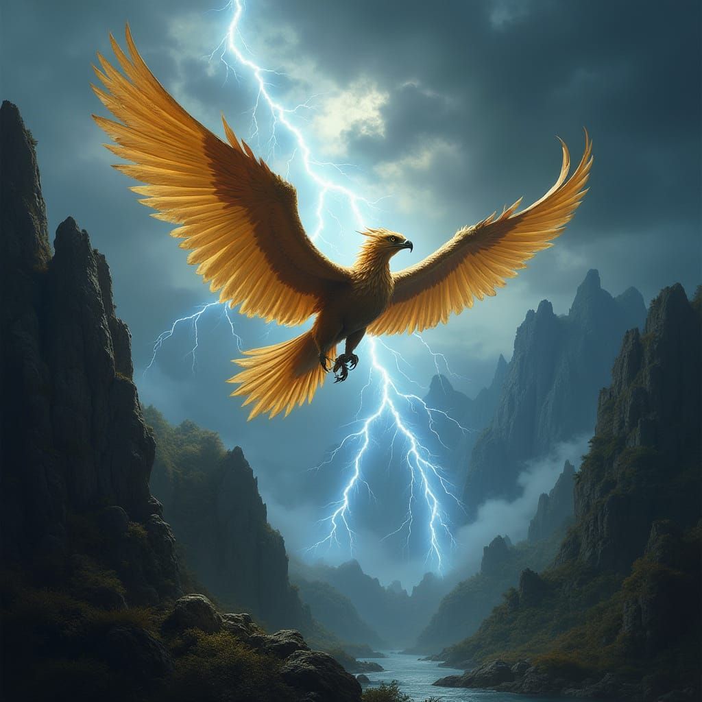 Griffin Soaring Through Stormy Sky in Dramatic Style