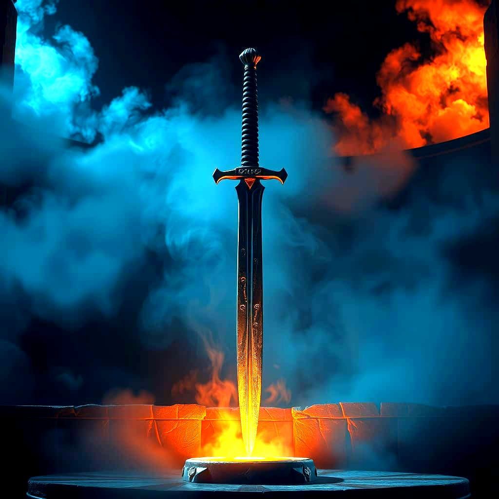 Ancient Sword on Altar in Enchanted Chamber