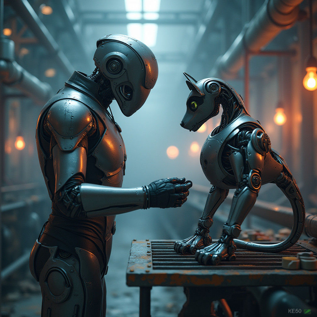 Robot Engineer Creates Feline Robot in Dystopian Factory