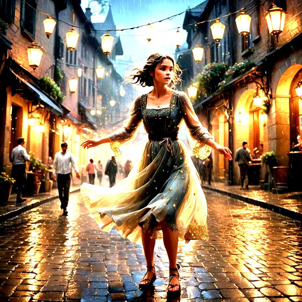 Ethereal Lights Dancing on Rain in Fantasy Style
