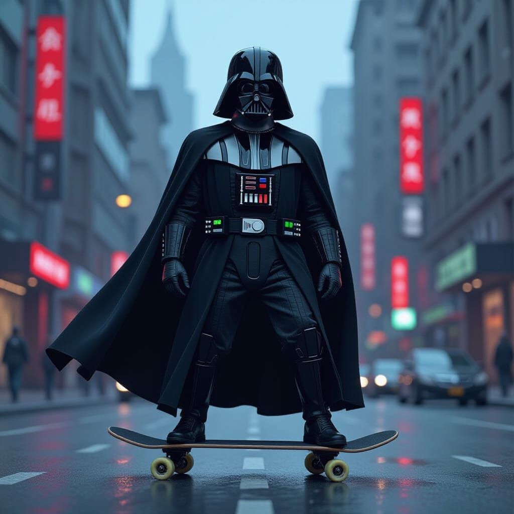 Darth Vader Skateboarding in Cyberpunk Cityscape