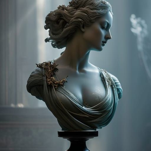 Marble Veiled Maiden Bust Statue in Eerie Style