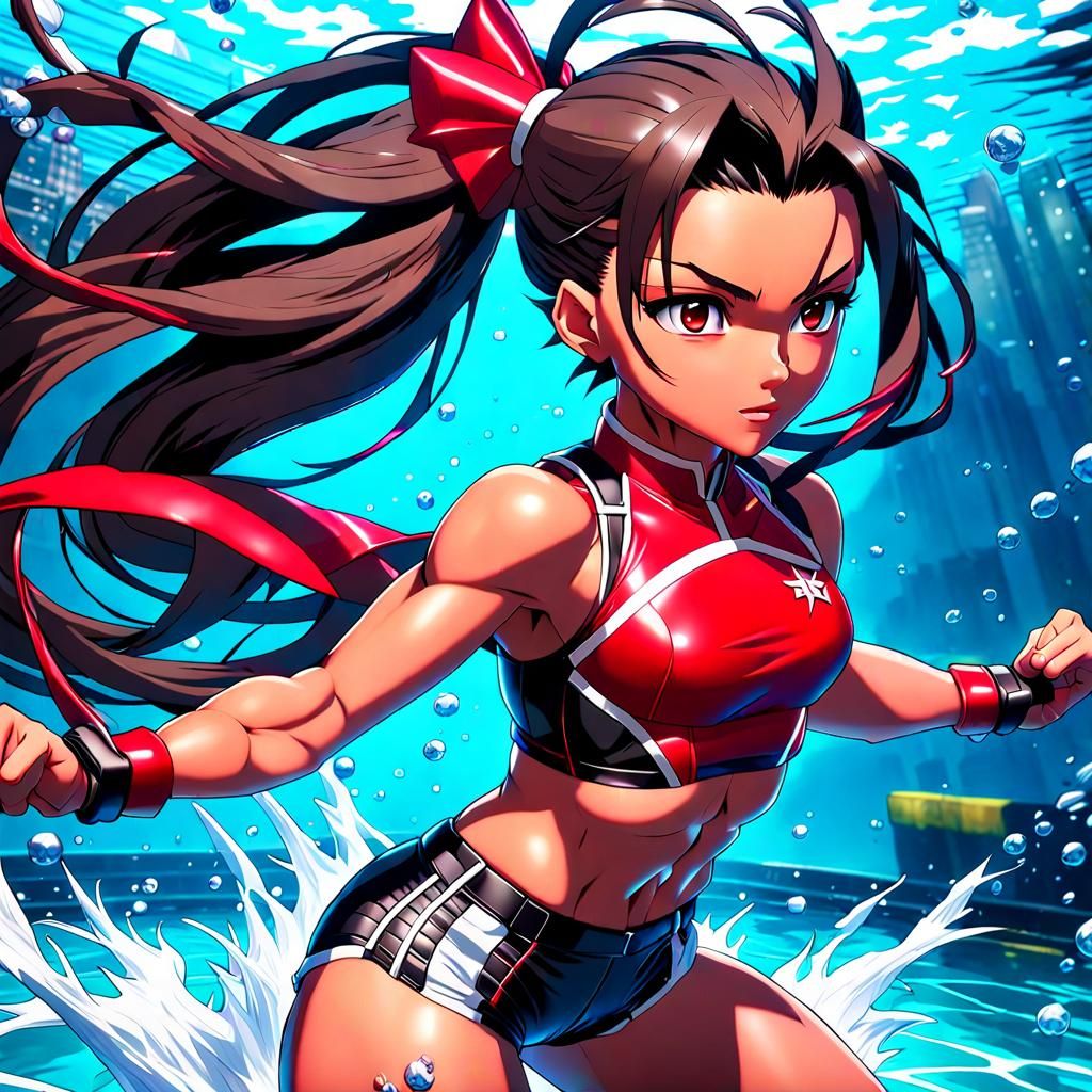Muscular Tohsaka Rin Fighting Aliens in Cyberpunk City