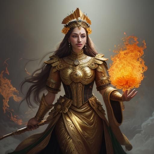 Golden Woman with Peacock Hair in Blazing Inferno