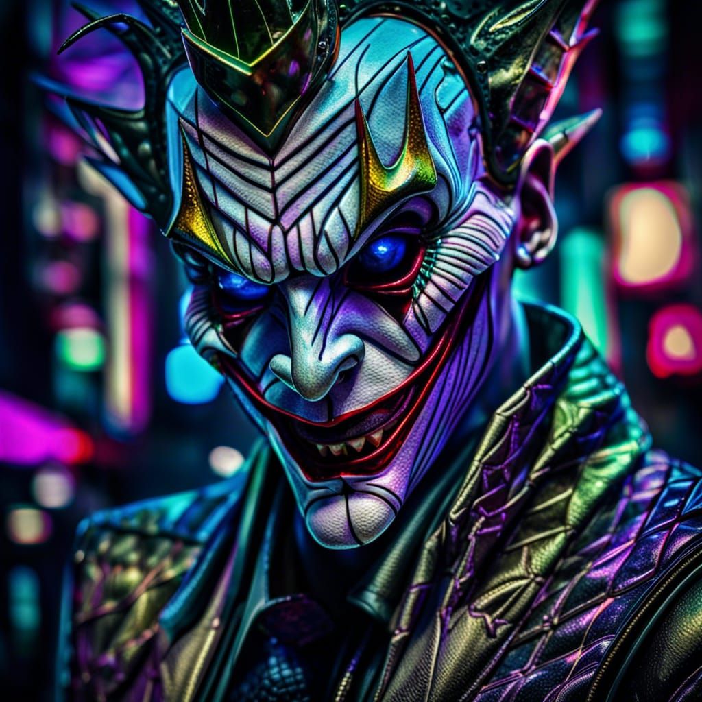 Cyborg Joker Portrait in Neon City, Hyperrealistic
