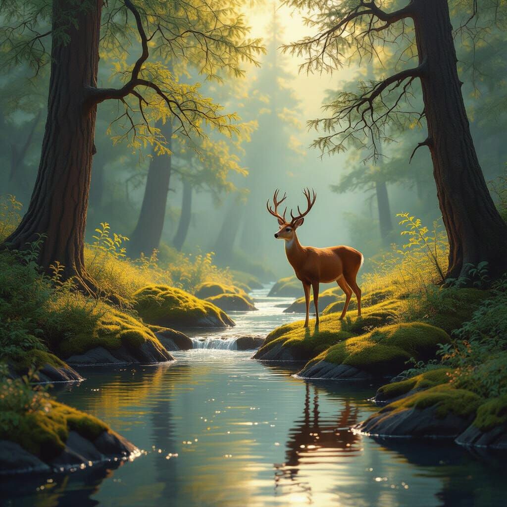 Tranquil Forest Clearing with Deer in Golden Light