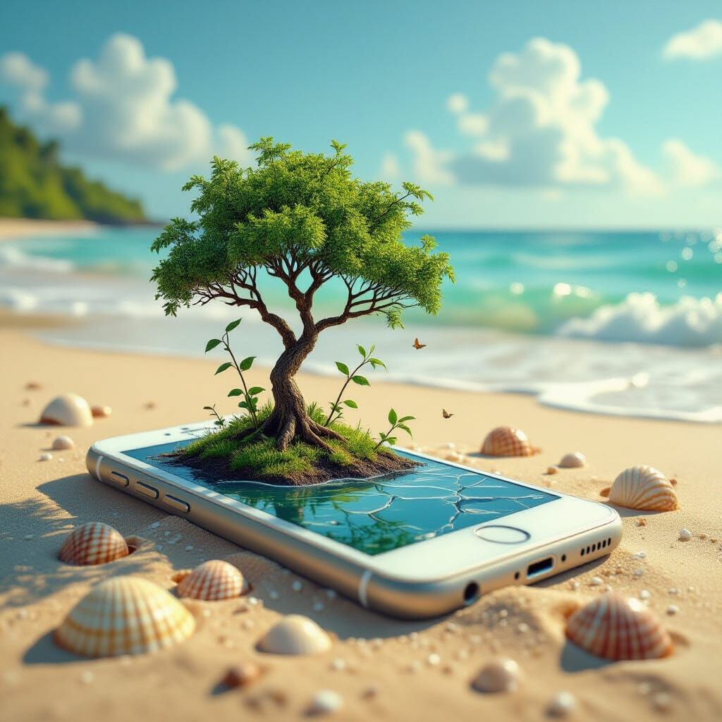 Miniature Jungle Inside Broken Smartphone, Vintage Style