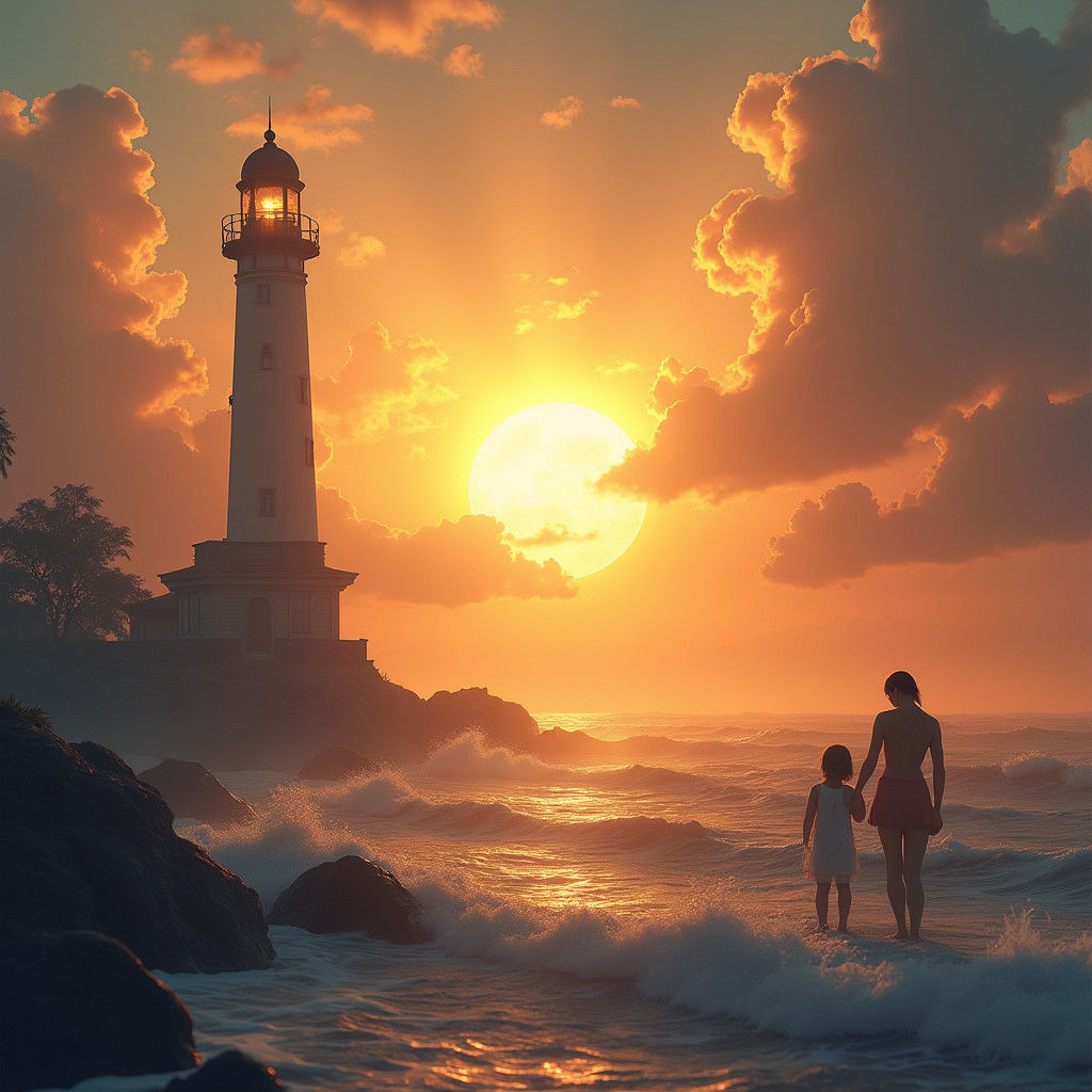 Sunset Seascape with Lighthouse, Digital Matte Painting
