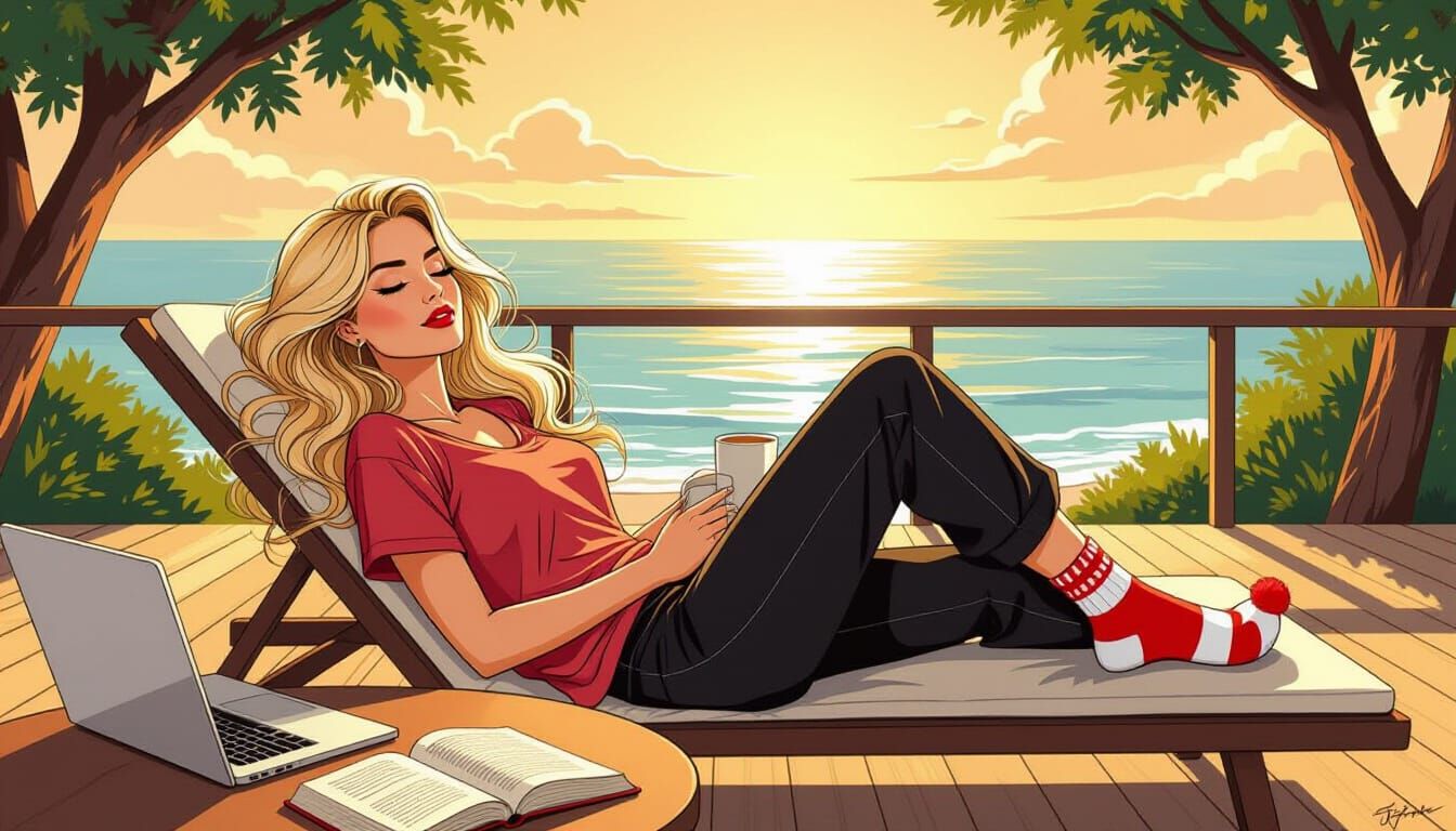 Blonde Woman Relaxing by the Ocean in Comic Book Style