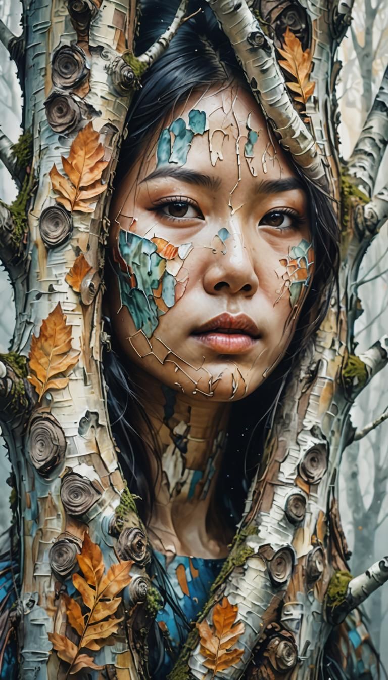 Surreal Birch Tree Metamorphosis in Watercolor and Ink