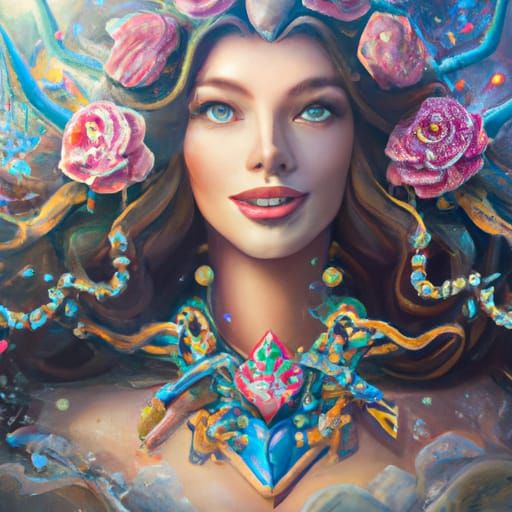 Goddess Portrait with Rose Necklace in Surrealist Style