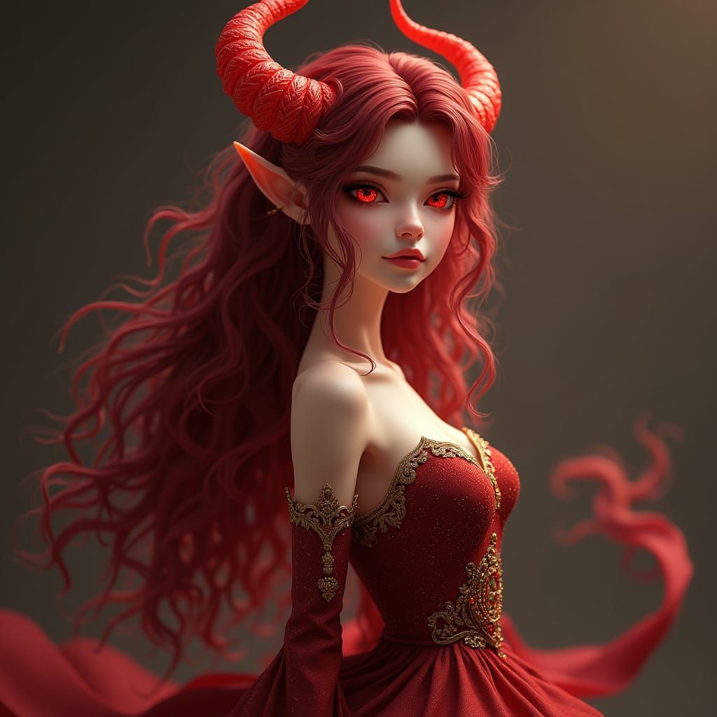 Elegant Female Tiefling in Dark Red Gown with Golden Embroid...