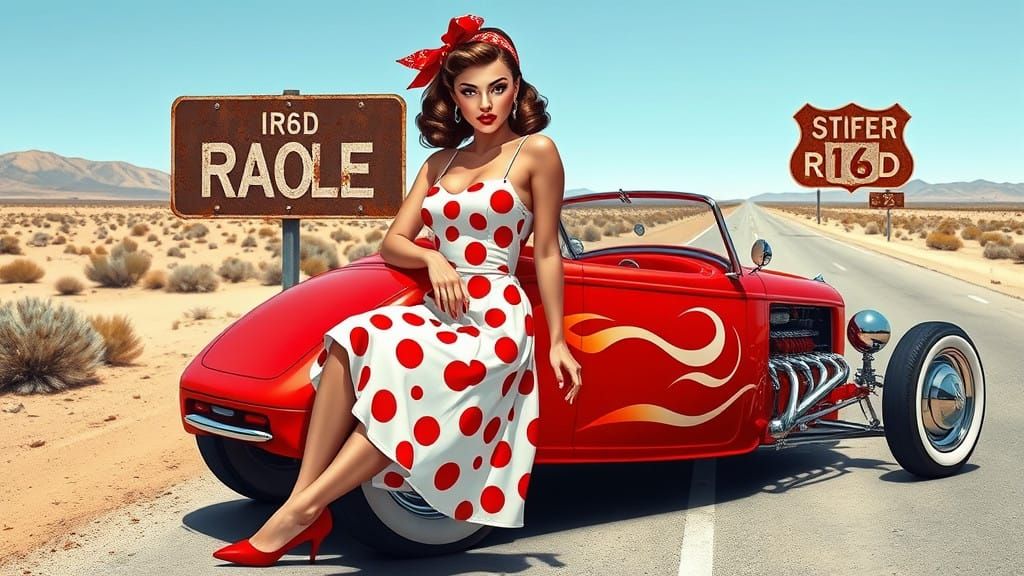 Confident Rockabilly Goddess Amidst Retro Hot Rod Glory