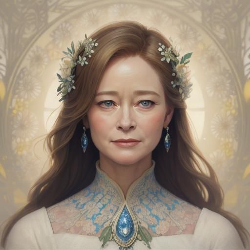 Elegant Portrait with Floral Dress, Artgerm and Mucha Inspir...