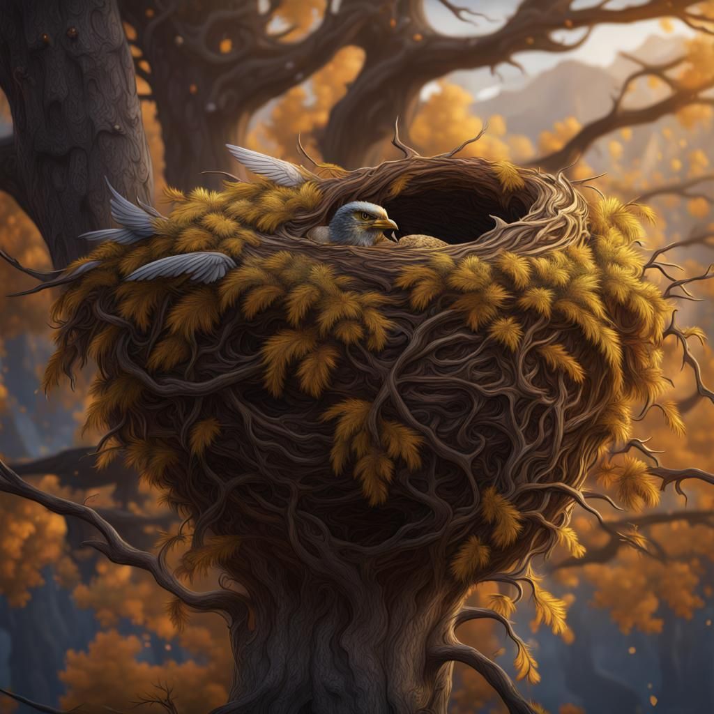 Oak Leaf Nest with Hummingbird and Golden Eagle